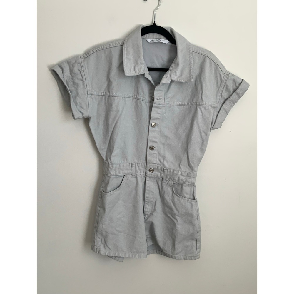 Zara Metallic Shimmer Denim Romper Light Blue Size S Short Sleeve Playsuit